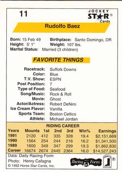 1992 Jockey Star #11 Rudy Baez Back